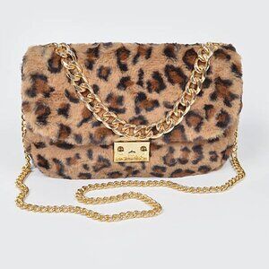 Leopard Furry Crossbody / Animal Print Faux Fur W/ Gold Chains Hardshell - NWT
